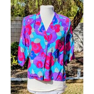 1980s Irka Button-Down Sz 4 Floral Silk Multicolored Loose Blouse Shirt Top EUC